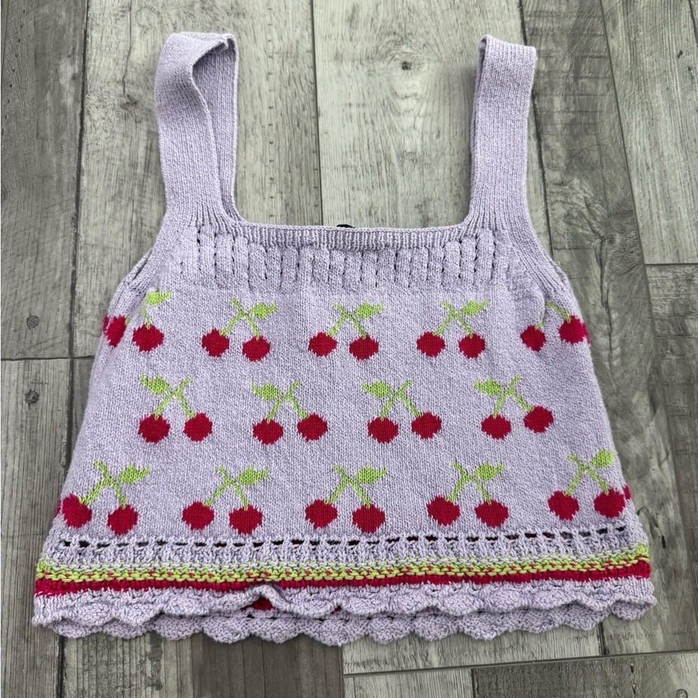 Zara Cherry Patterned Knit Tank Top Crochet Purple Small